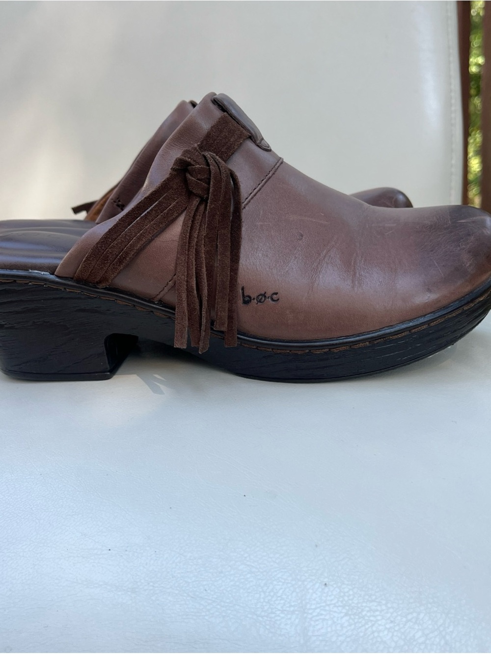 boc Brown Leather Tassel Clog Mule